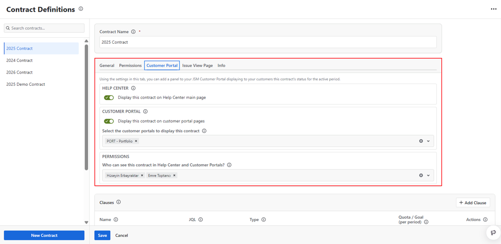 TicketBook Customer Portal tab in the Contract Definition screen showing options to enable the Help Center panel, select service projects, and set visibility by users and organizations