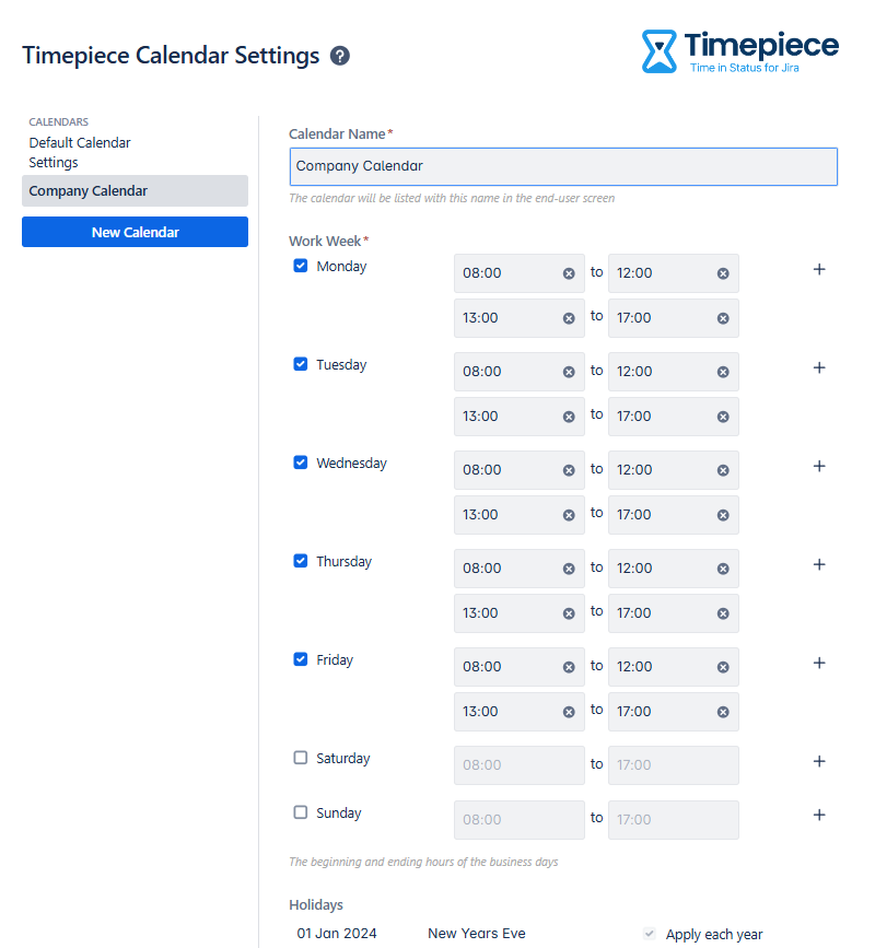 Timepiece Calendar settings