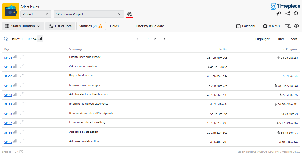 Timepiece dashboard interface displaying a Scrum project issue list with To Do and In Progress status durations, highlighting the Quick Filters icon in the top toolbar.
