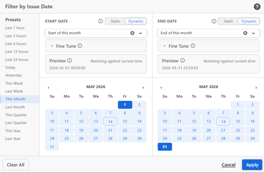Dynamic-Filter by issue date (Panel)