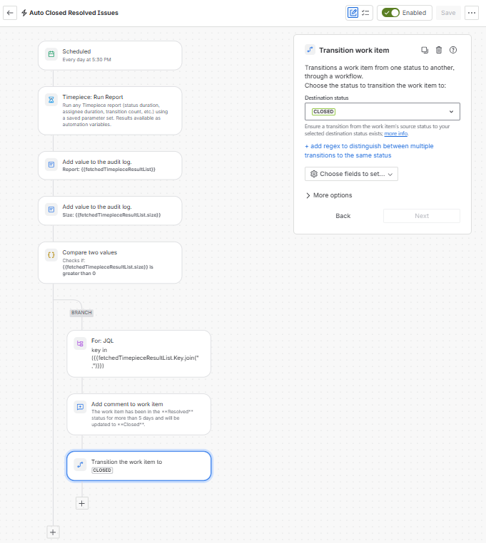 configuring a Transition work item action to change the destination status to CLOSED