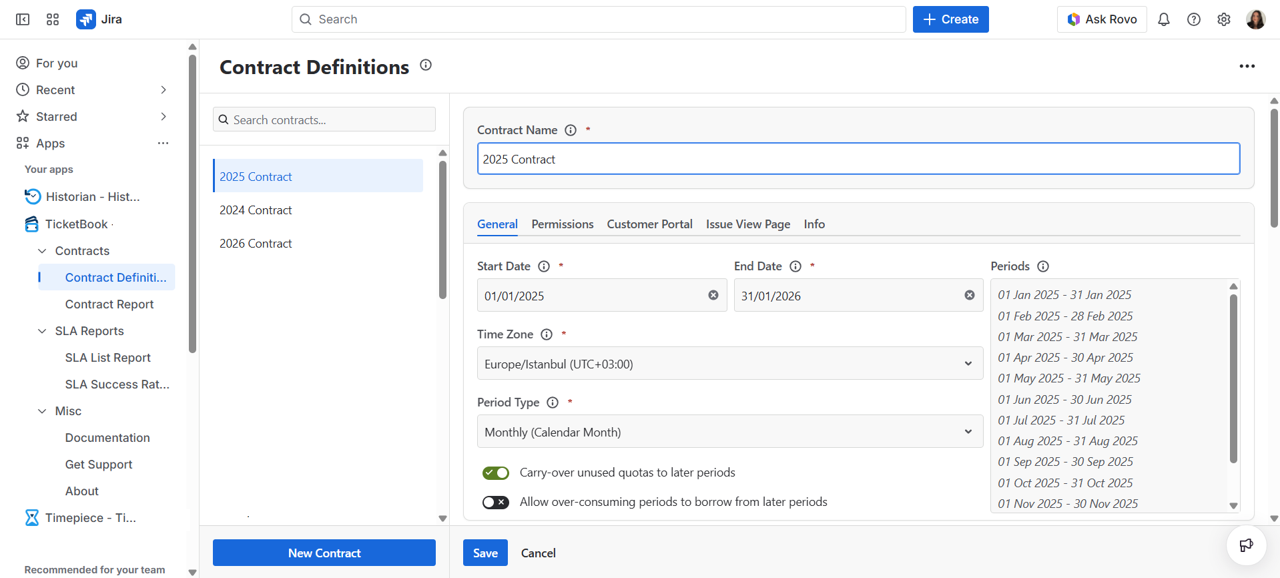 Jira main navigation bar with the Apps menu open, showing the TicketBook link that navigates to the Contract Definitions screen