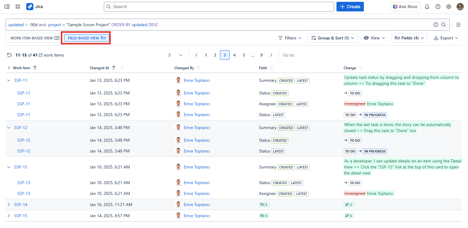 Field based view for work item history report