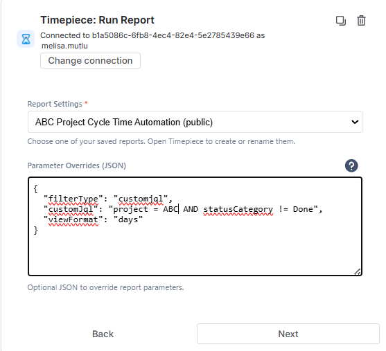 Timepiece Run Report settings configuration window with a chosen report and custom JQL parameter overrides JSON fields