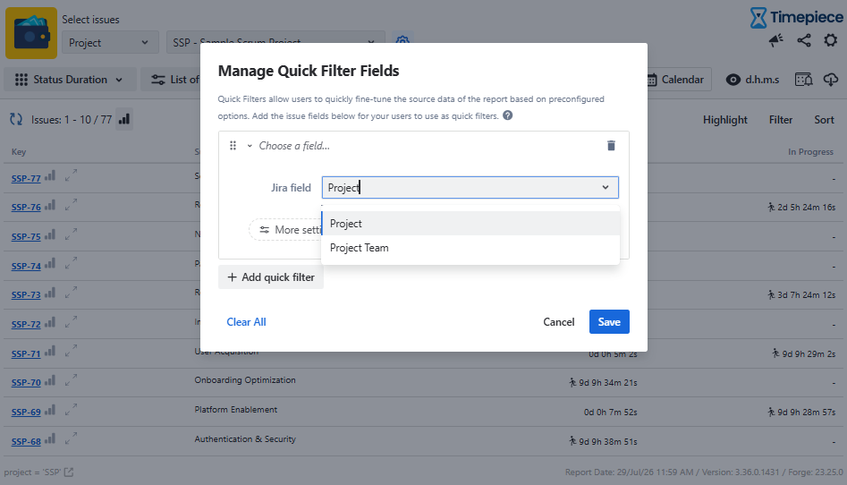 Timepiece Manage Quick Filter Fields pop up showing a drop down menu for selecting a Jira field.
