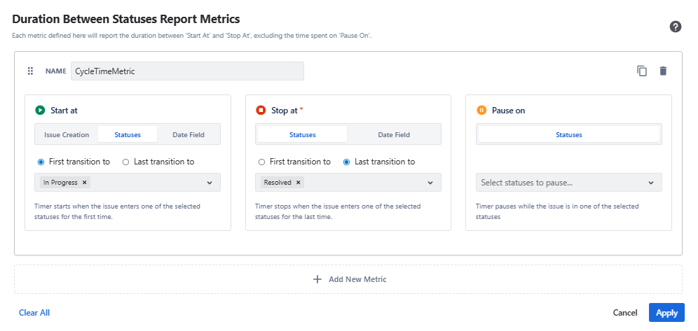 A Duration Between Statuses Report Metrics configuration Panel