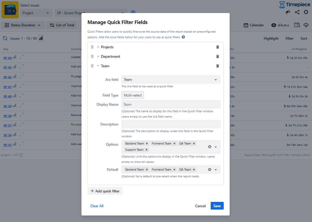 Timepiece Manage Quick Filter Fields pop up displaying configuration options for the Team filter.