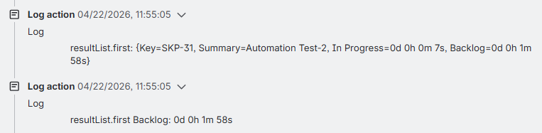A Jira automation audit log interface displaying the execution details of two Log action steps,